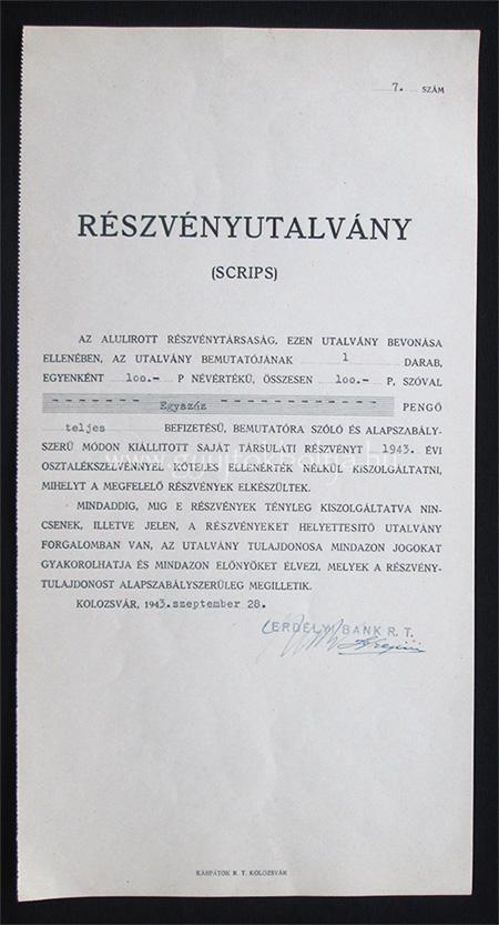 Erdlyi Bank rszvnyutalvny 100 peng 1943 Kolozsvr (ROU)